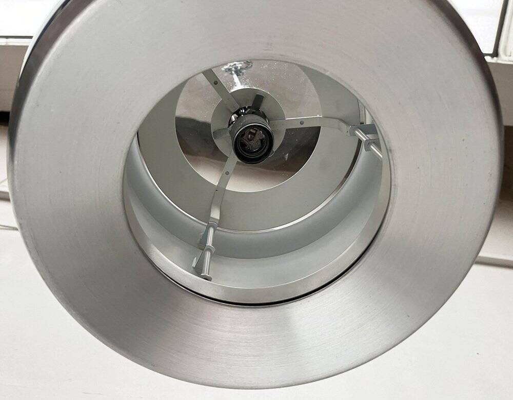 Suspended globe lamp in aluminium and glass in German Space style from the 1960s mid-century by Doria.