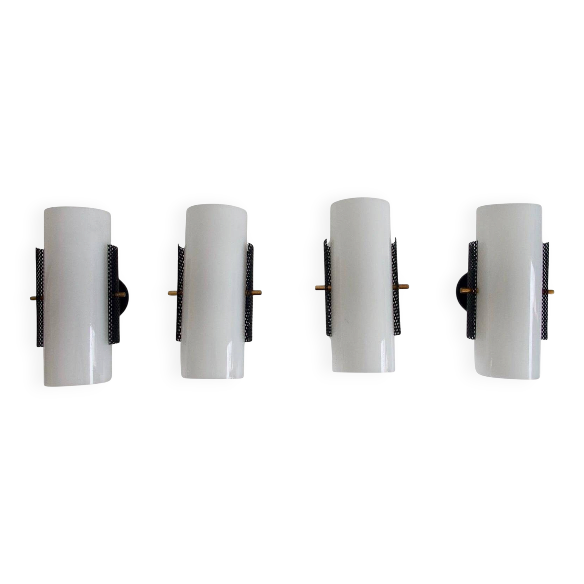 Set of four wall lights in white plexiglass and perforated black metal.