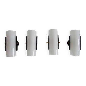 Set of four wall lights in white plexiglass and perforated black metal.