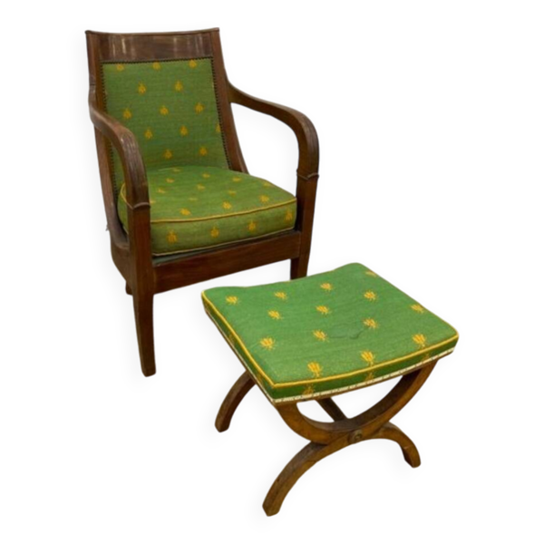 Fauteuil gondole acajou et son repose-pieds