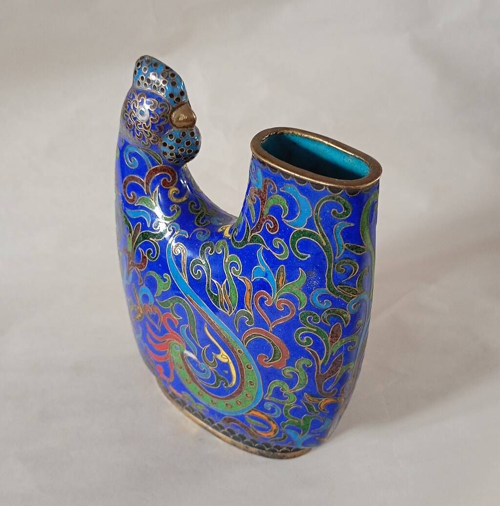 Rare Mid-Century Chinese Cloisonné Enamel Rooster Brush Holder / Vase