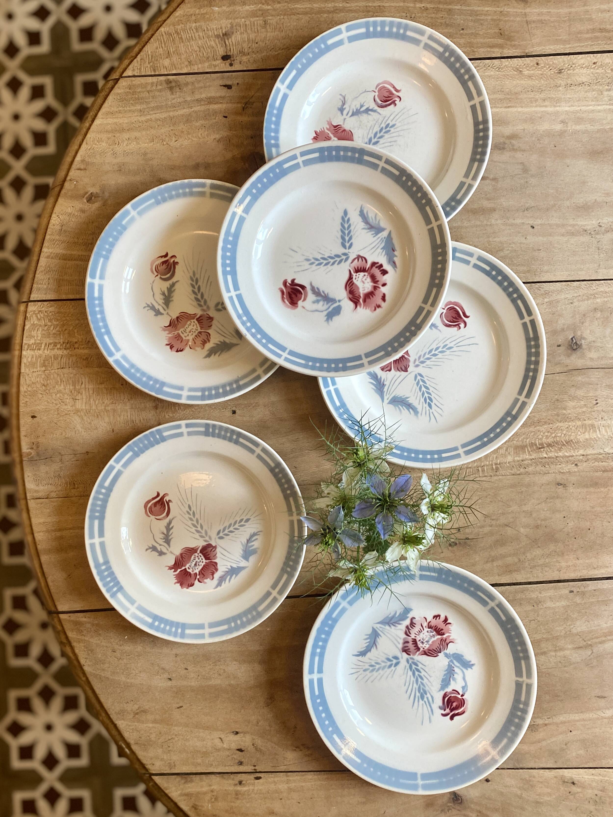 Lot de 6 assiettes plates vintages modèle Carole de la manufacture Digoin Sarreguemines