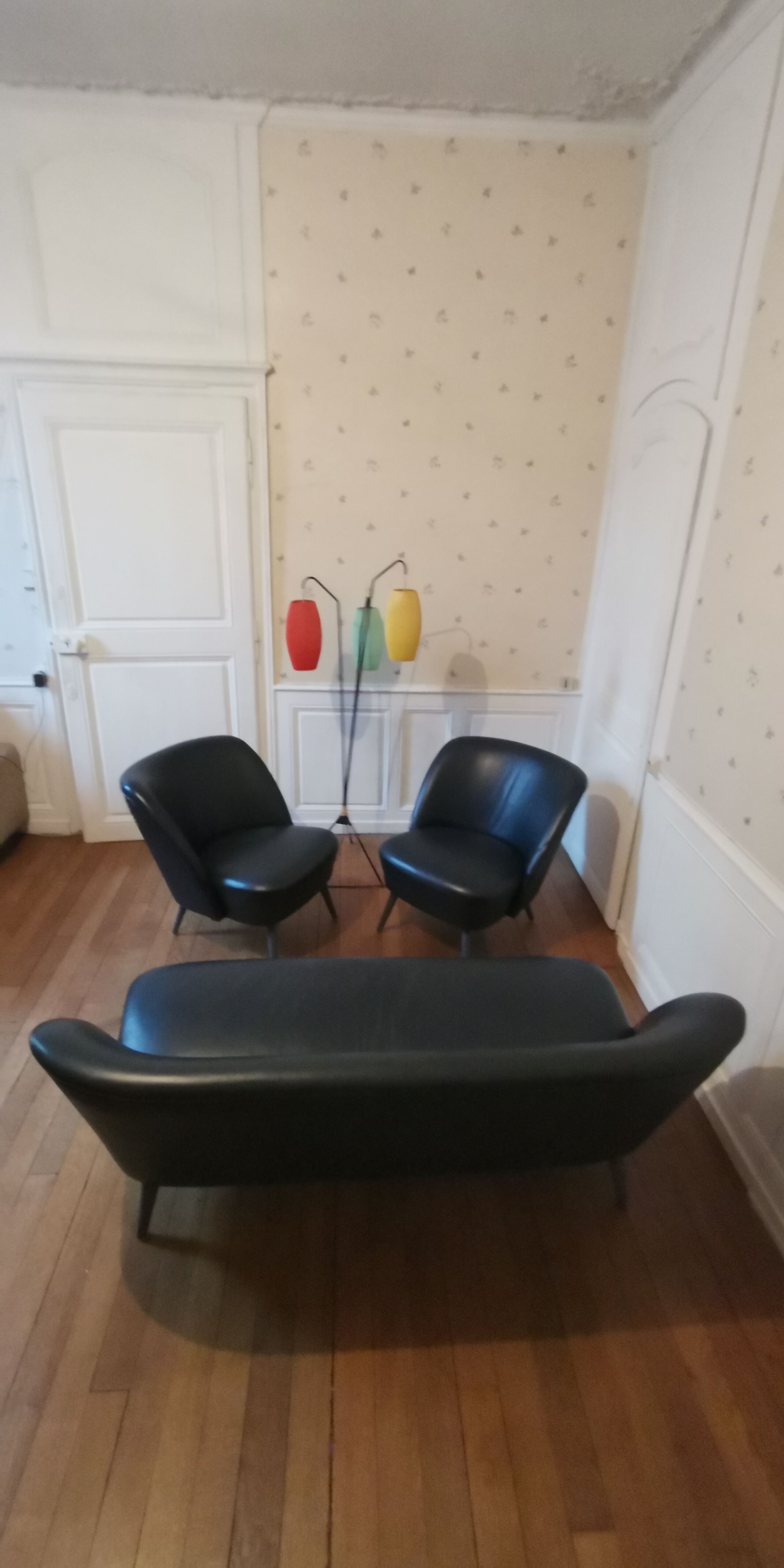 Living room sofa 2 black leather armchairs