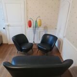 Living room sofa 2 black leather armchairs