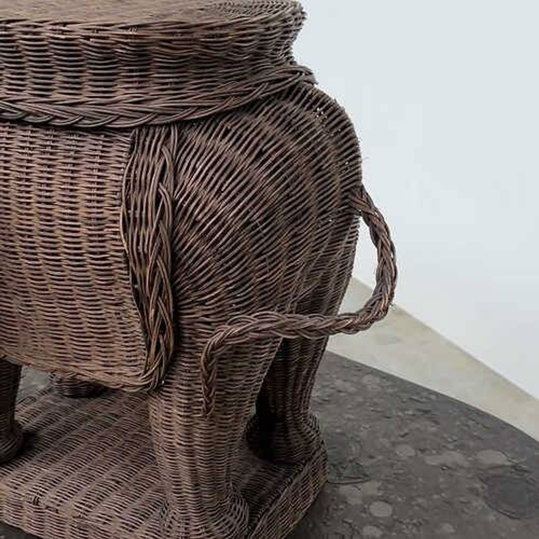 Large vintage wicker elephant plant stand / side table – sculptural bohemian statement