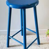 Vintage wooden stool with electric blue paint