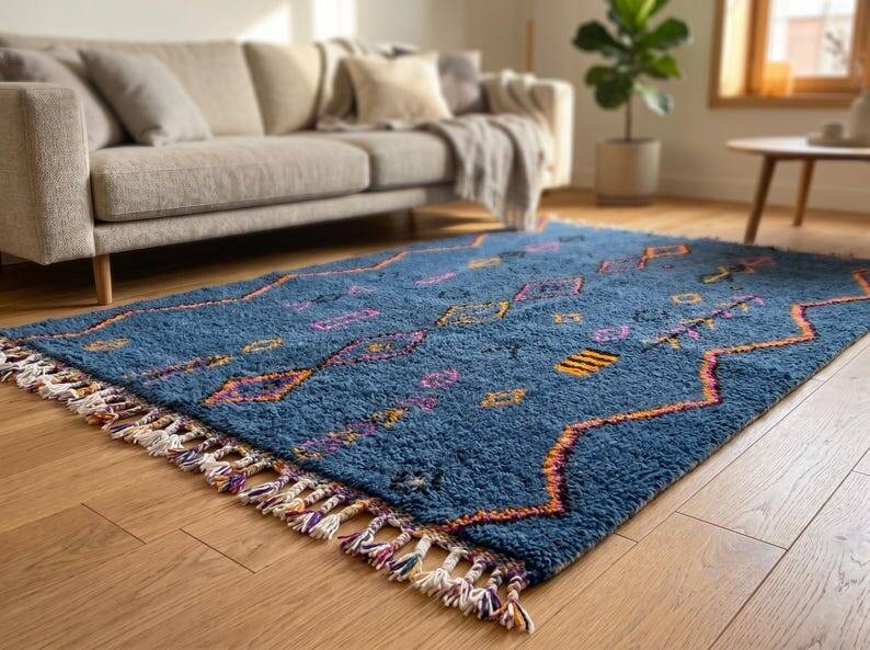 Tapis Handmade Marocain bleu décoré 200cmx300cm
