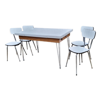 Ensemble table chaises formica bicolor blanc et bois, pieds eiffel, SIF, années 70, ses 4 chaises