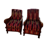 Pair of armchairs, English style, fluted backrests and armrests. Redone by tapestry maker, covered with Pierre Fry fabrics