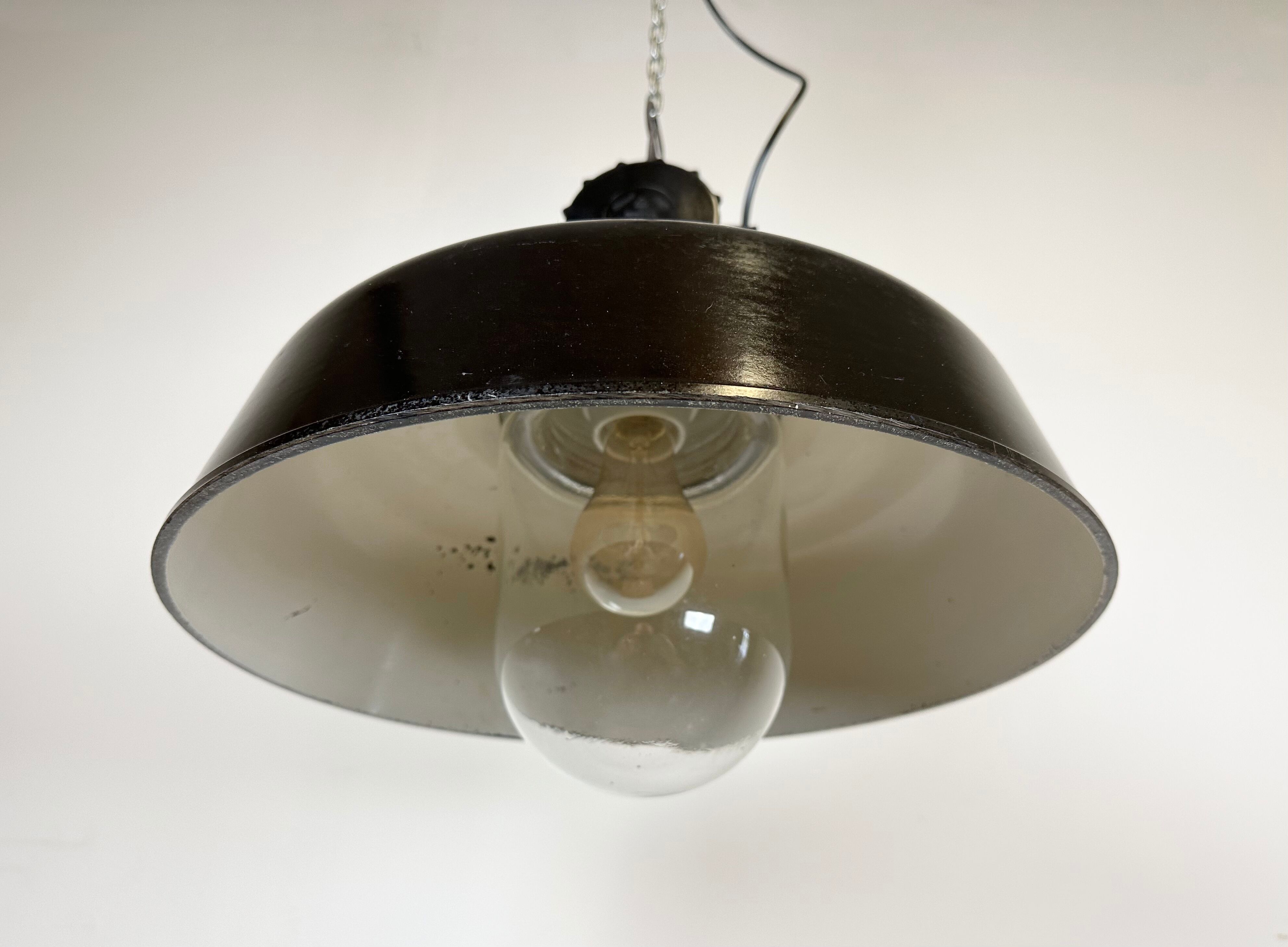 Industrial black enamel lamp with glass cover, 1950s