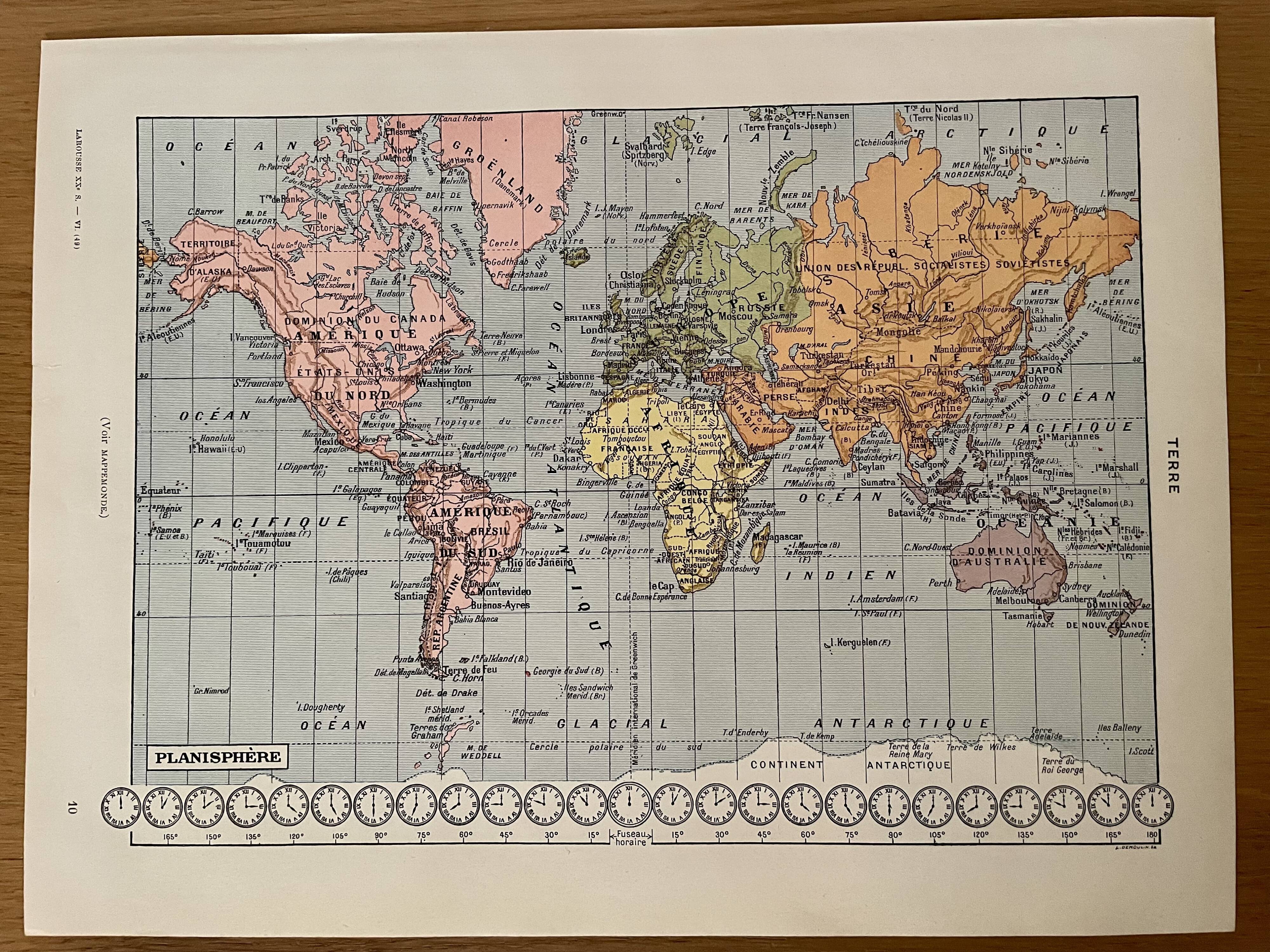 Lithographie planisphère carte de la Terre de 1928