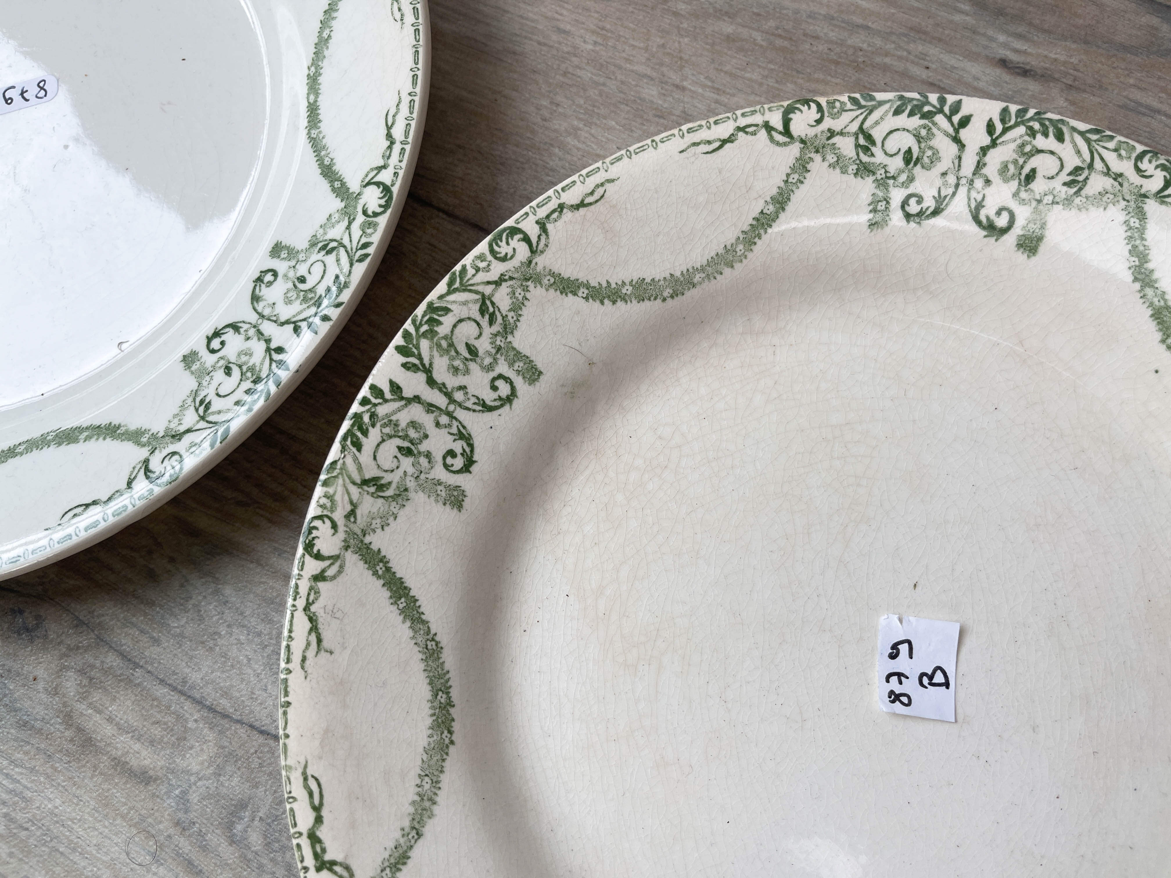 6 green and blue mismatched iron earth plates