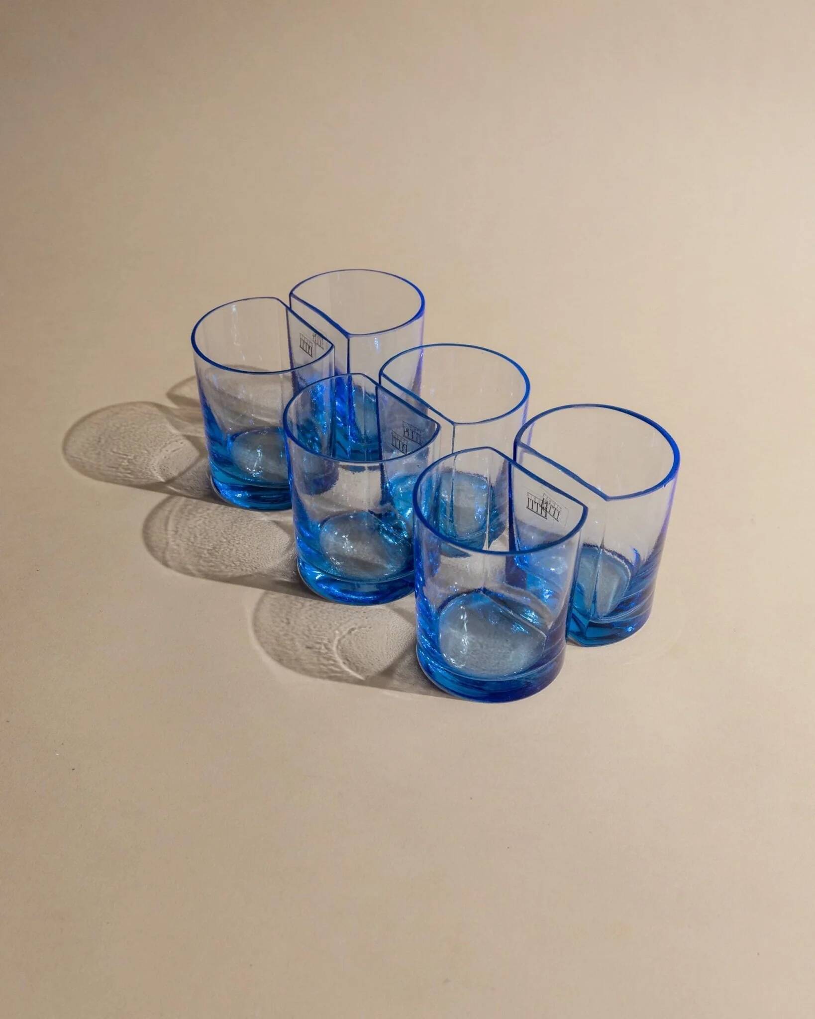 Six Blue Glass Tumblers by Pitti Studio - Vintage Italian Mid-Century Arched Glassware