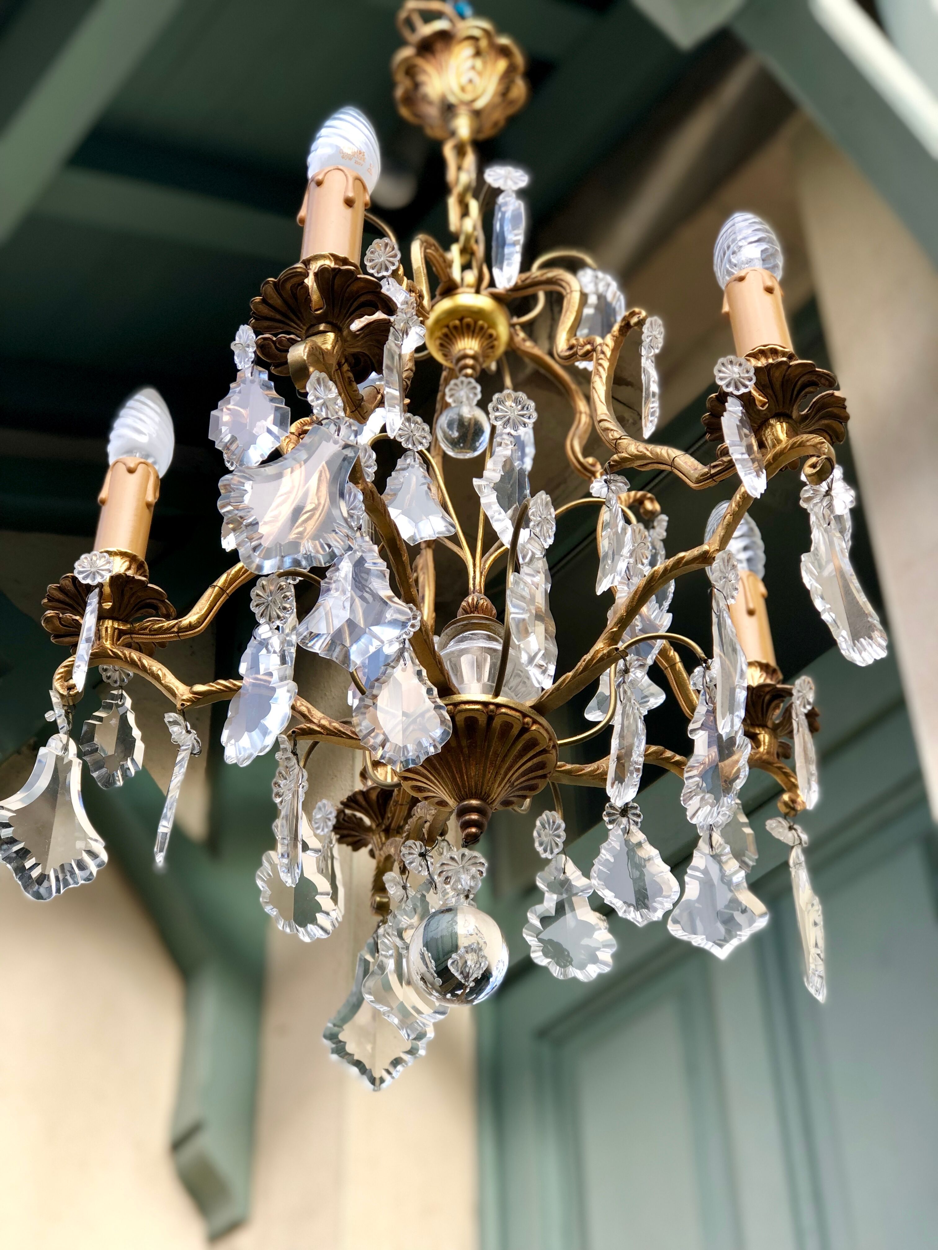 Lustre cage en bronze, 5 bras de lumière