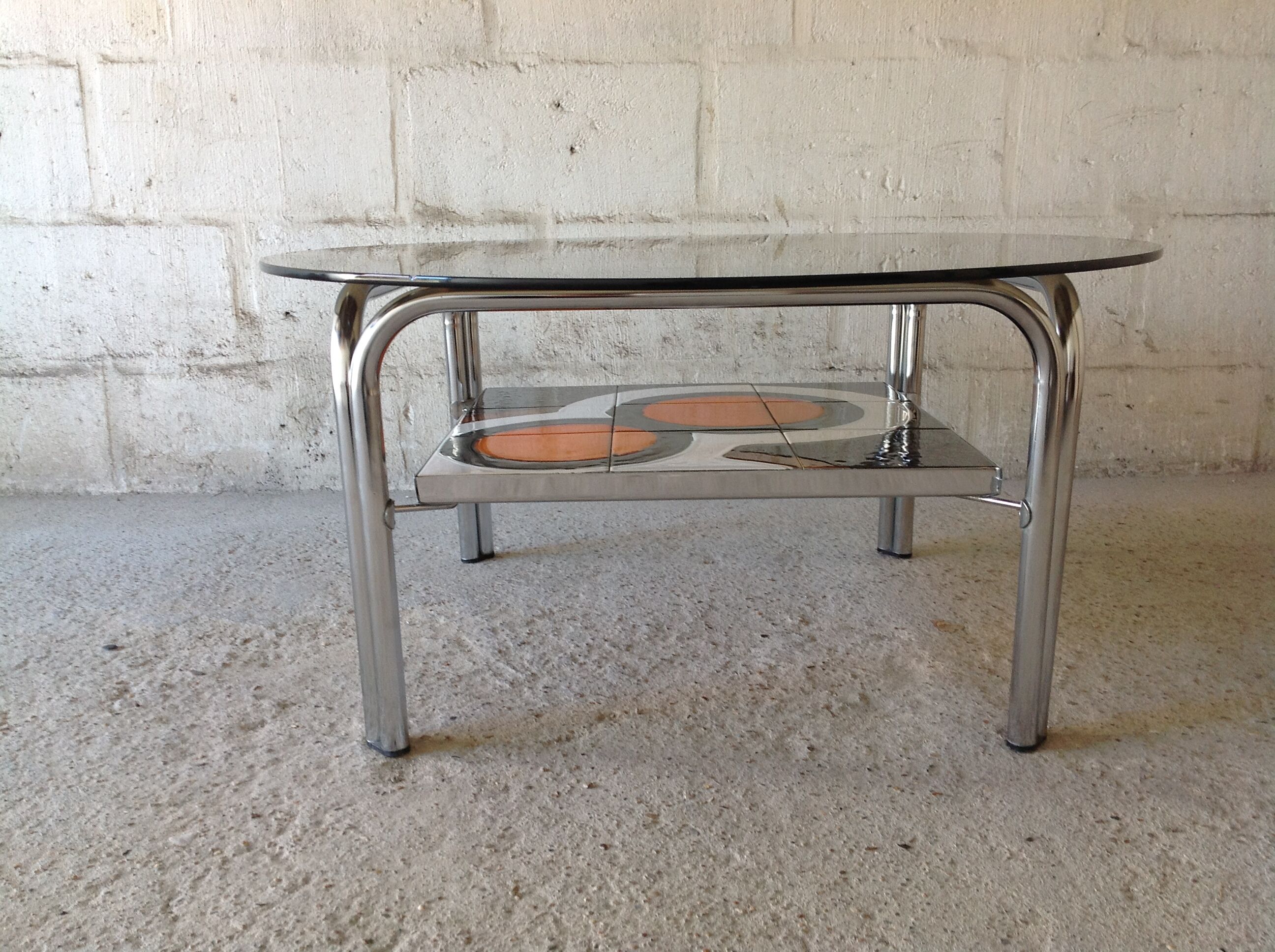 Table basse vintage verre fumé, céramique années 70
