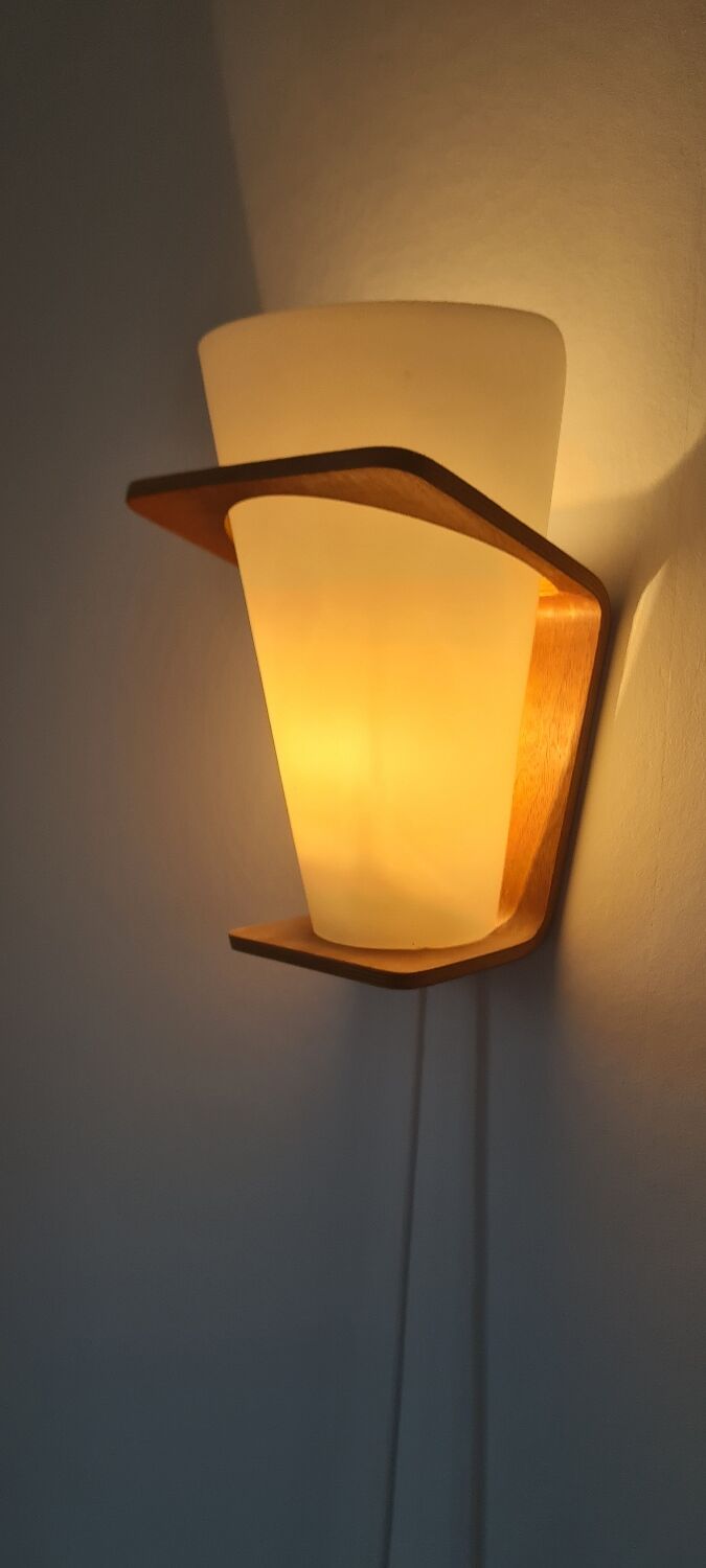 Pair of Louis Kalff frosted wood and opaline sconces