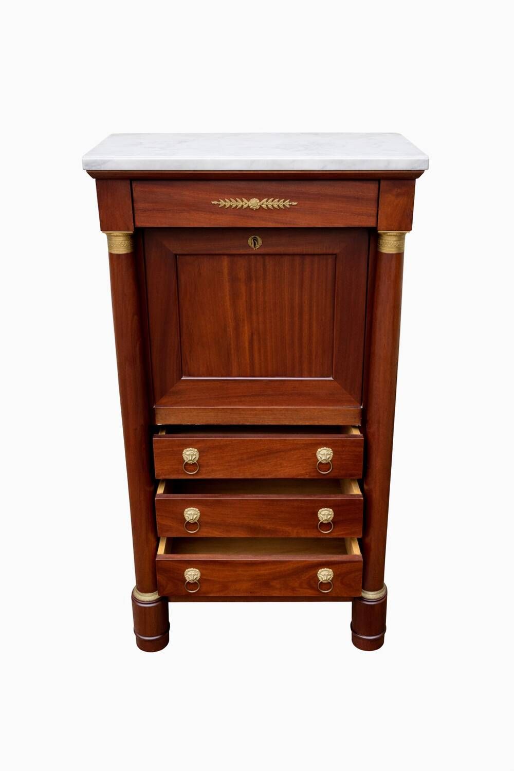 Empire secretary with white marble top in mahogany and brass, 6 drawers.
