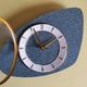 Vintage formica clock silent asymmetrical wall pendulum "Round golden green"