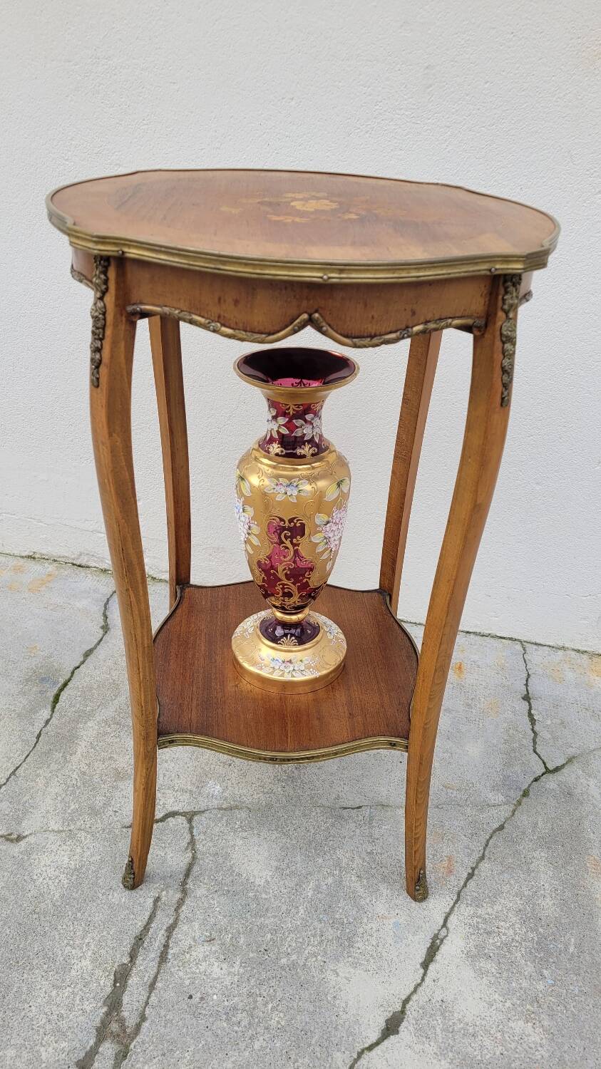 Selette pedestal side table Louis XV style with decorated marquetry and rosewood - 1900s