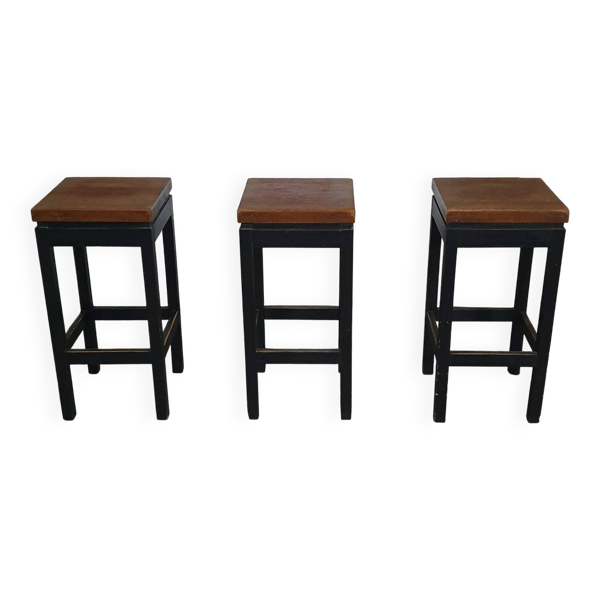 3 x tabourets de construction en chêne années 1960