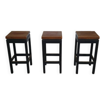 3 x tabourets de construction en chêne années 1960