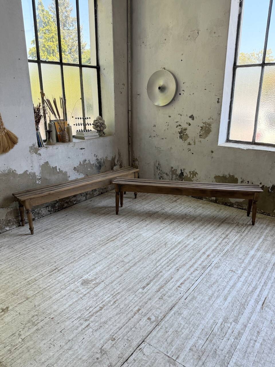 Pair of 1950 benches with oak and beech slats