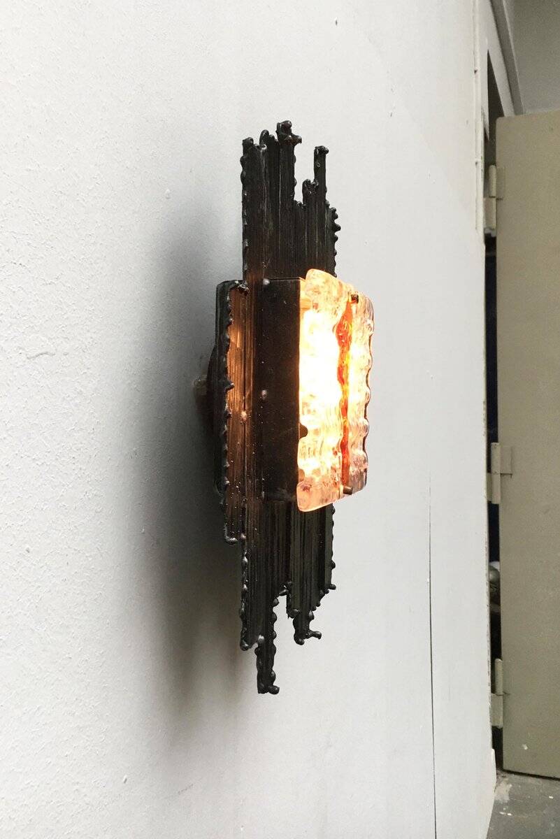 Vintage Italian brutalist wall light in wrought iron by Albano Poli for Poliarte, set of 2.