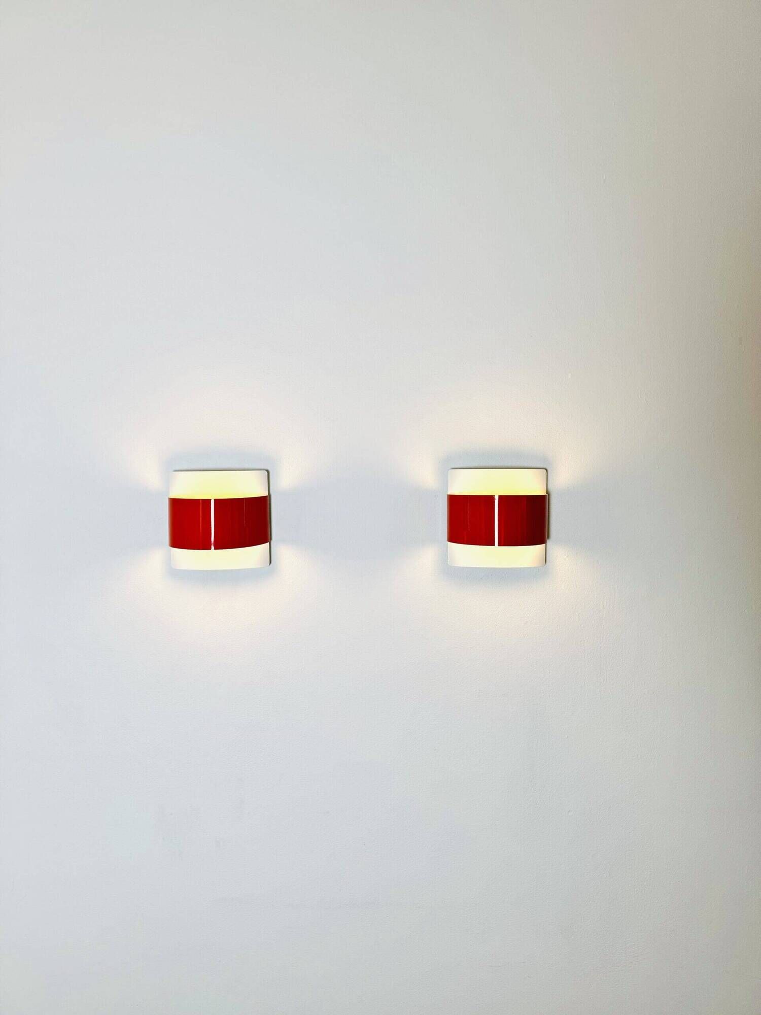 Curved Wall Lamps In Red And White By Peter Celsing For Falkenbergs Belysning, Sweden 1960S