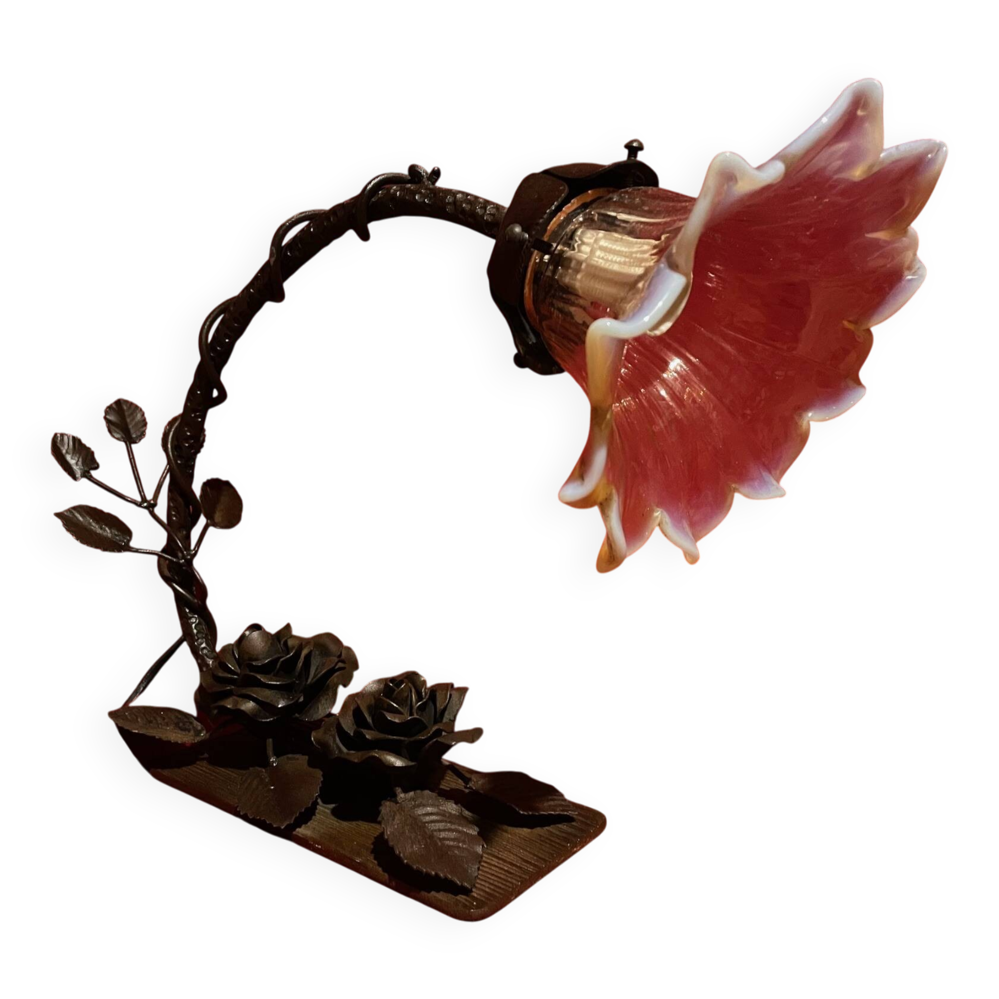 Art Deco lamp, wrought iron and opalescent tulip, 1940s-1950s