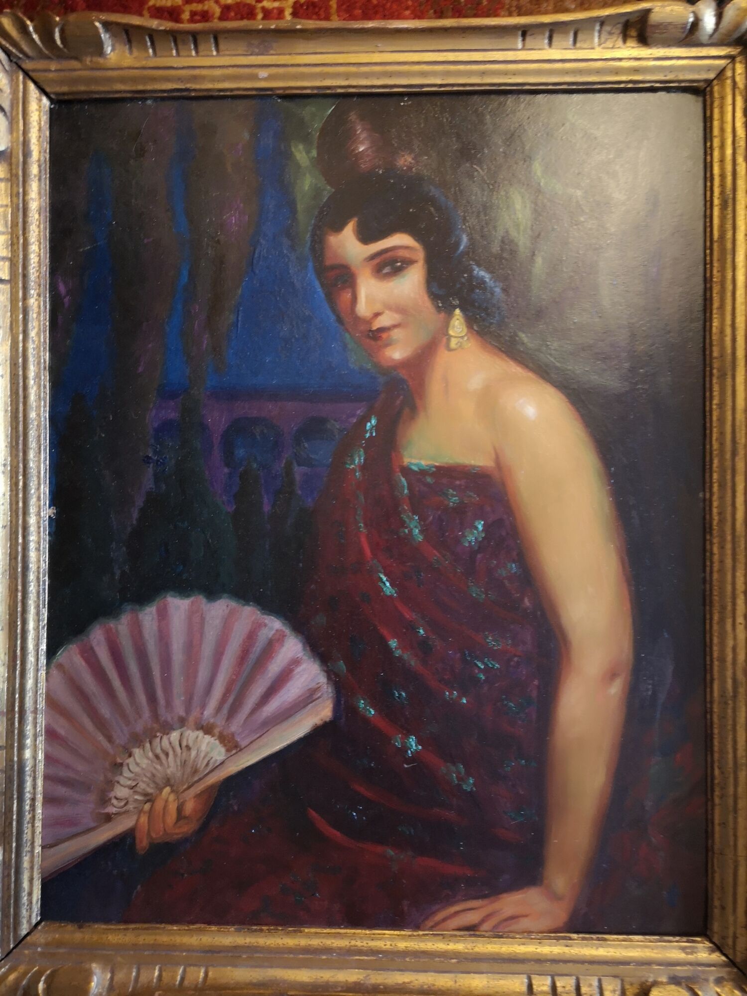 Oil on cardboard painting - Spanish with a fan - 1st half 20th