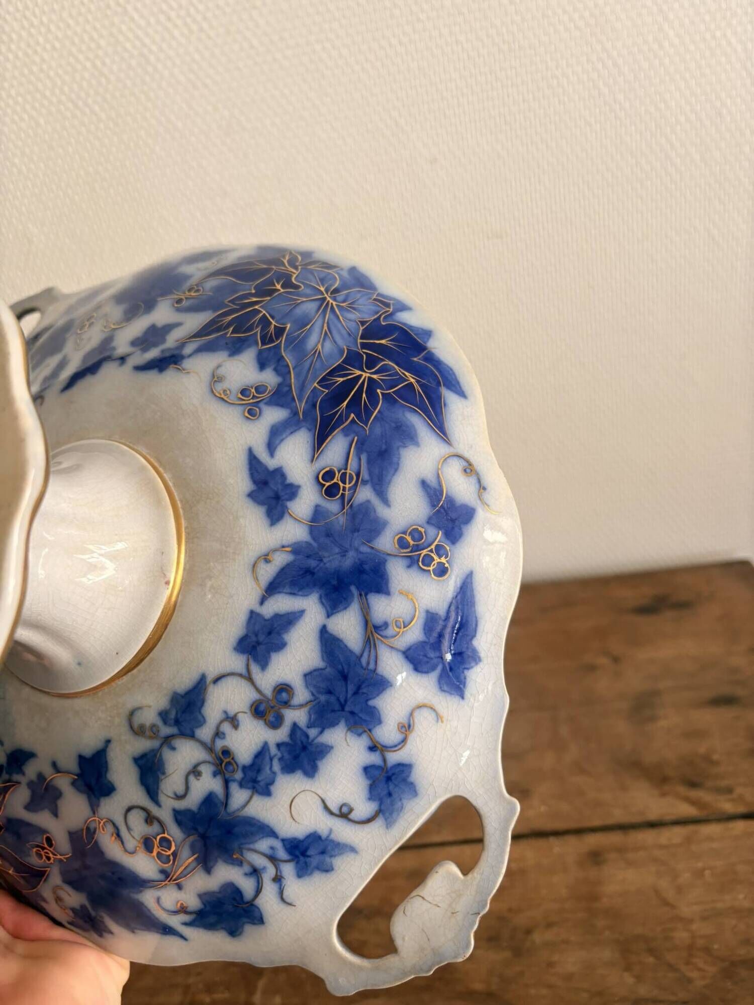 Blue faience shower footrest Bryonia H&C 19th Century Art Nouveau Hache Vierzon
