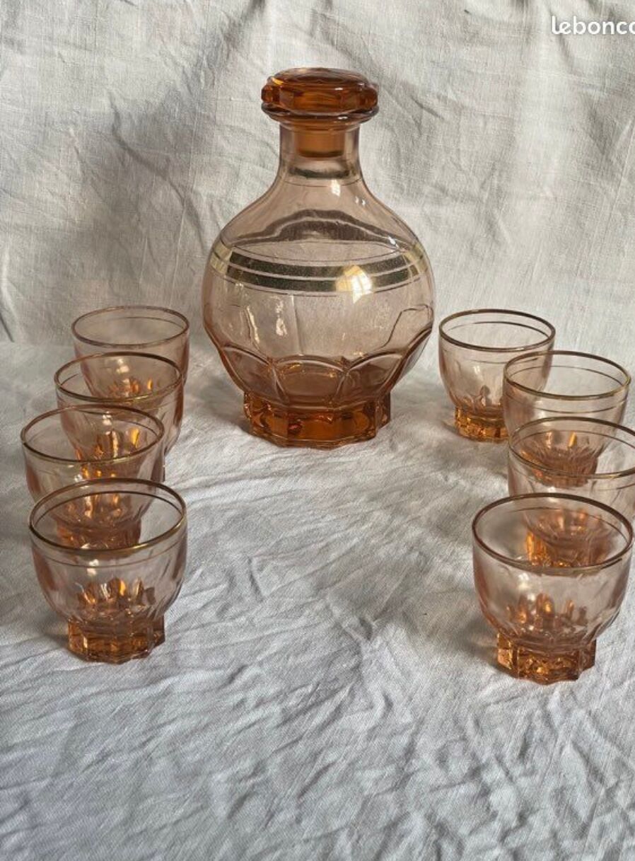 Vintage pink glass liqueur service