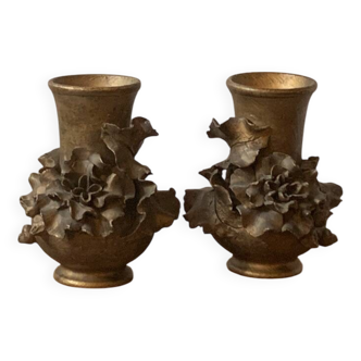 Paire de vases en barbotine, ceramique patine dore, signes Édouard Gilles.