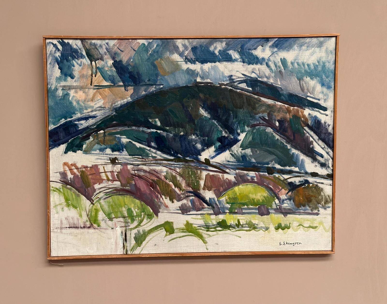 Original huile sur toile suédoise du milieu du siècle – « Paysage serein » par Sture Ekengren – Vintage et encadré