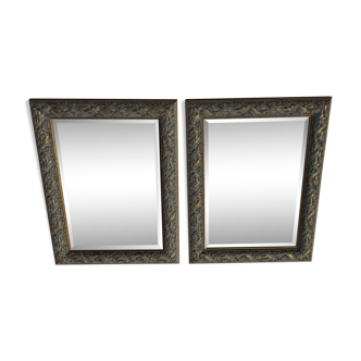 Paire de miroirs biseautés en bois cérusé blanc et doré 86 x 66 cm