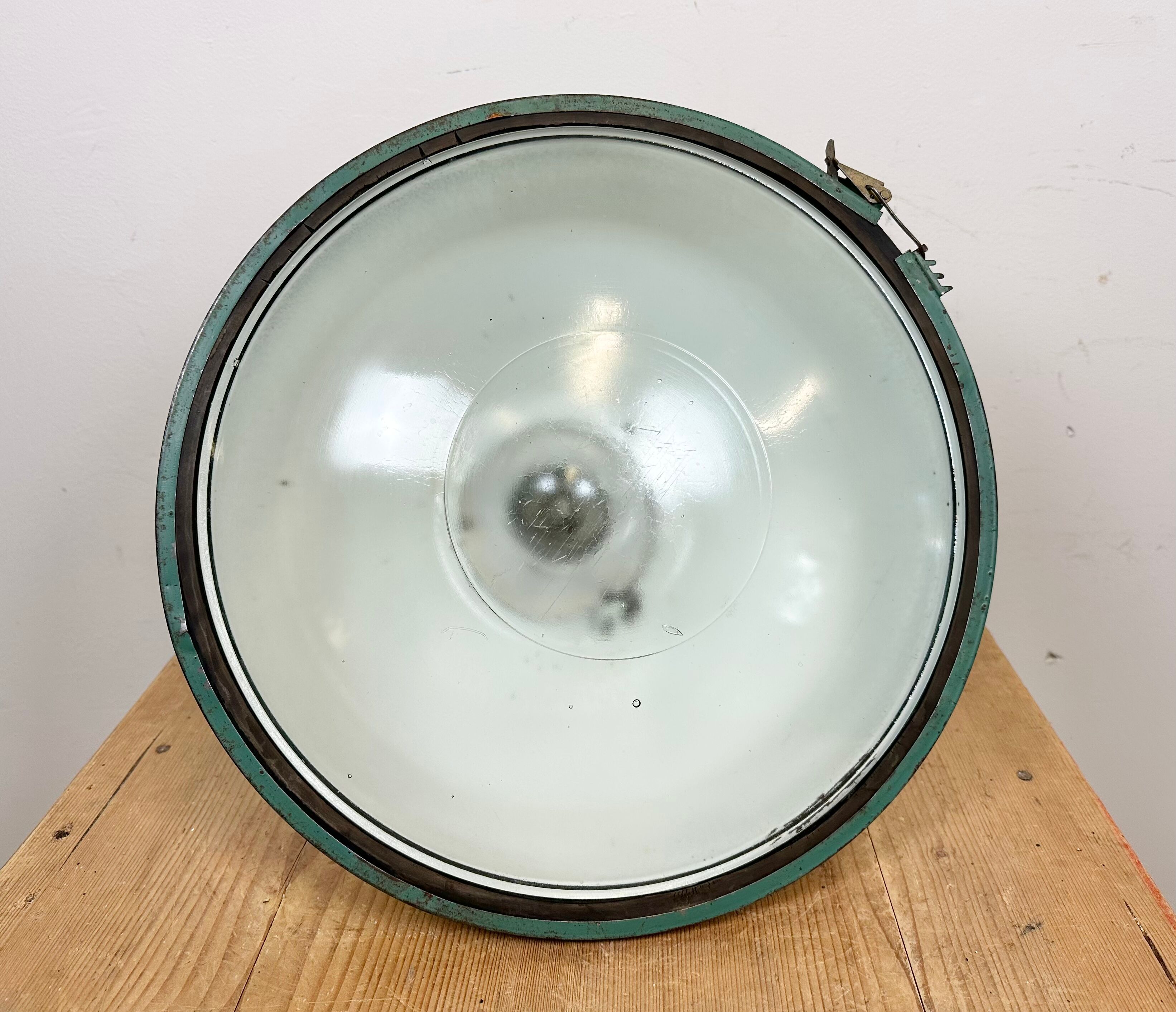 Industrial soviet green enamel pendant light with glass cover, 1960s
