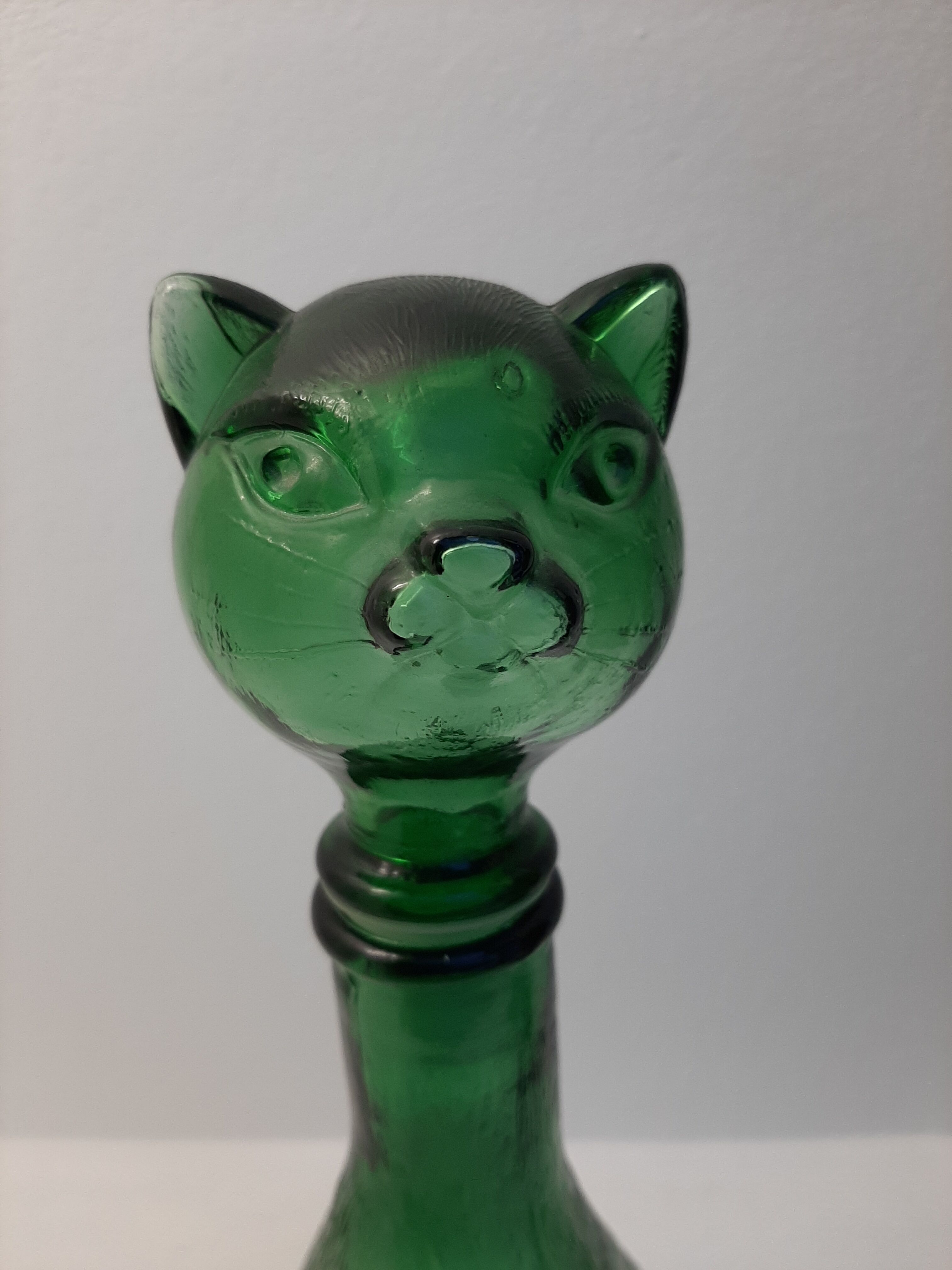 Glass bottle representing a cat , Empoli Italy 60s