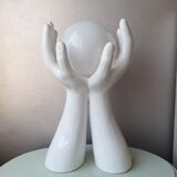 Italian design ceramic table lamp two hands and a glass sphere