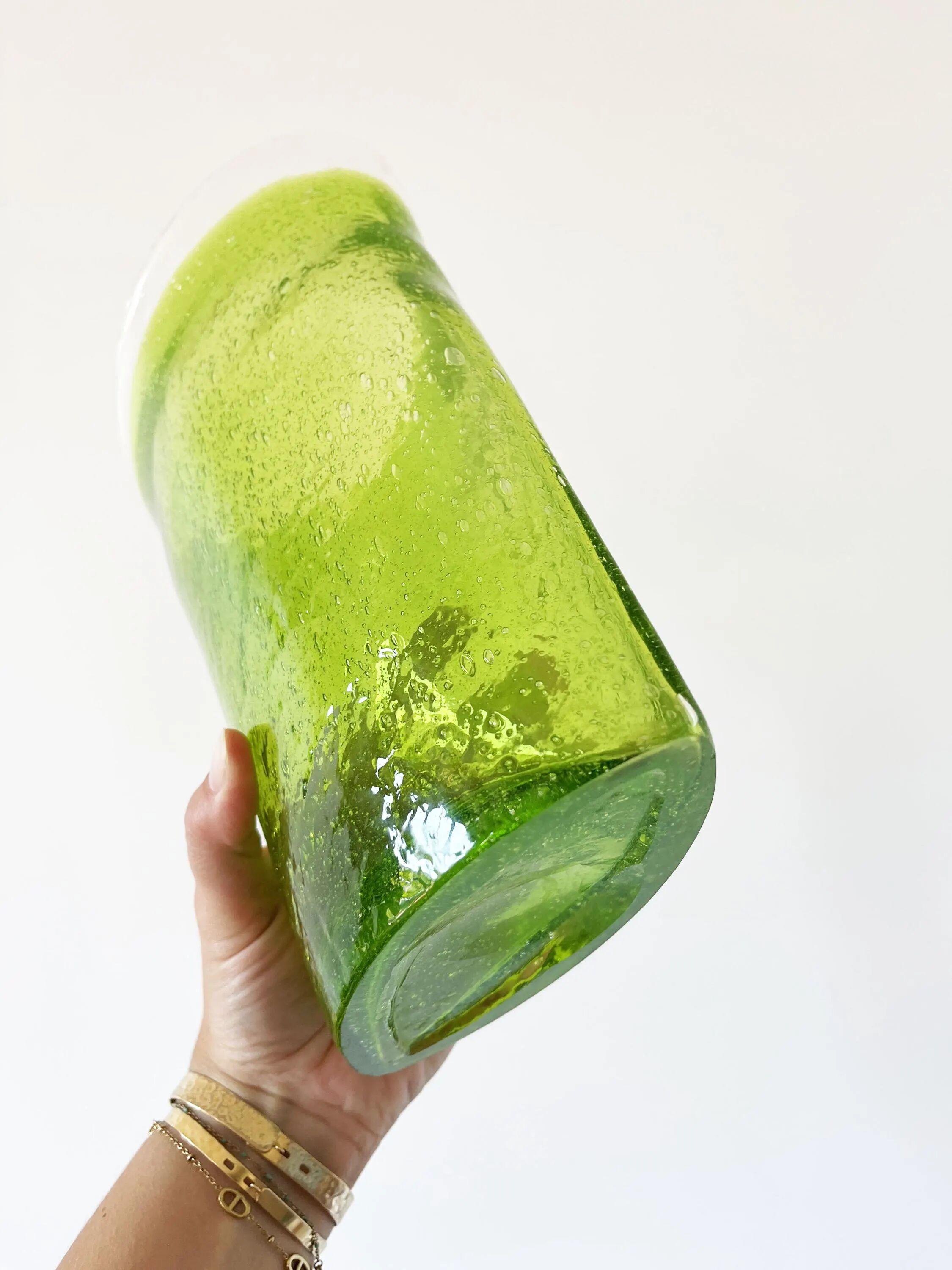 Large vintage green lemon bubble blown glass vase
