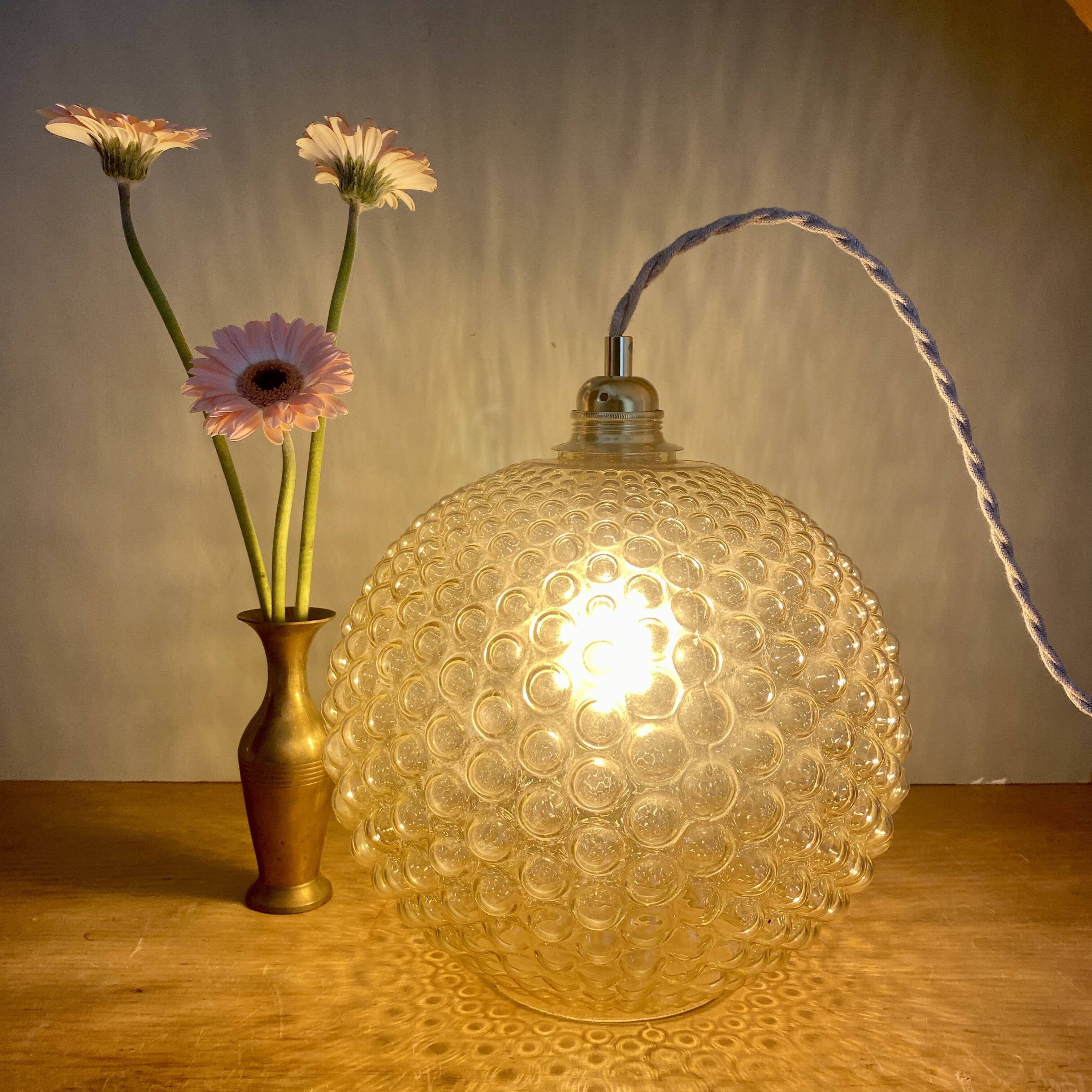 XXL vintage bubbled amber glass globe pendant light