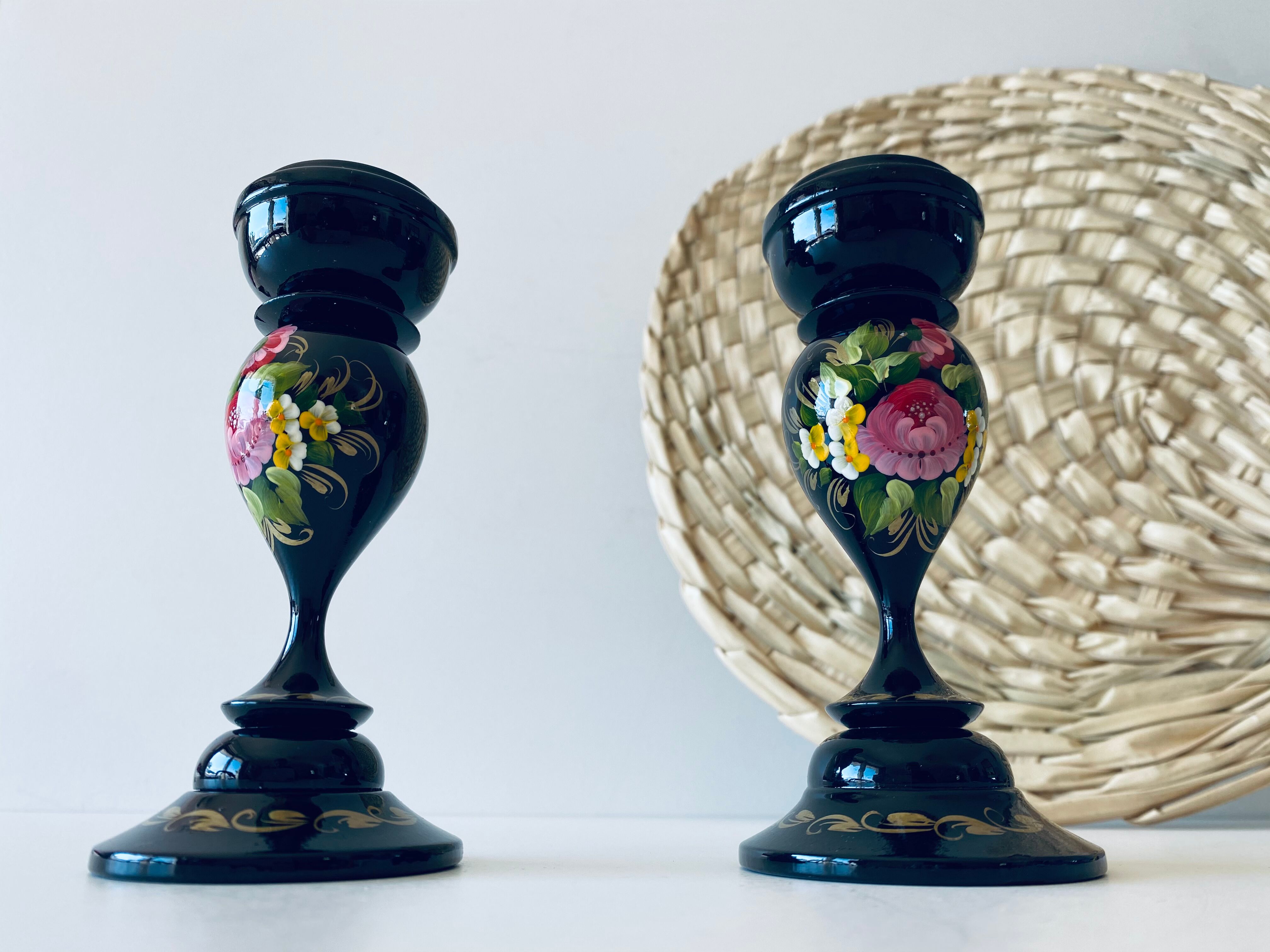 Pair of wooden Ukrainian candlesticks