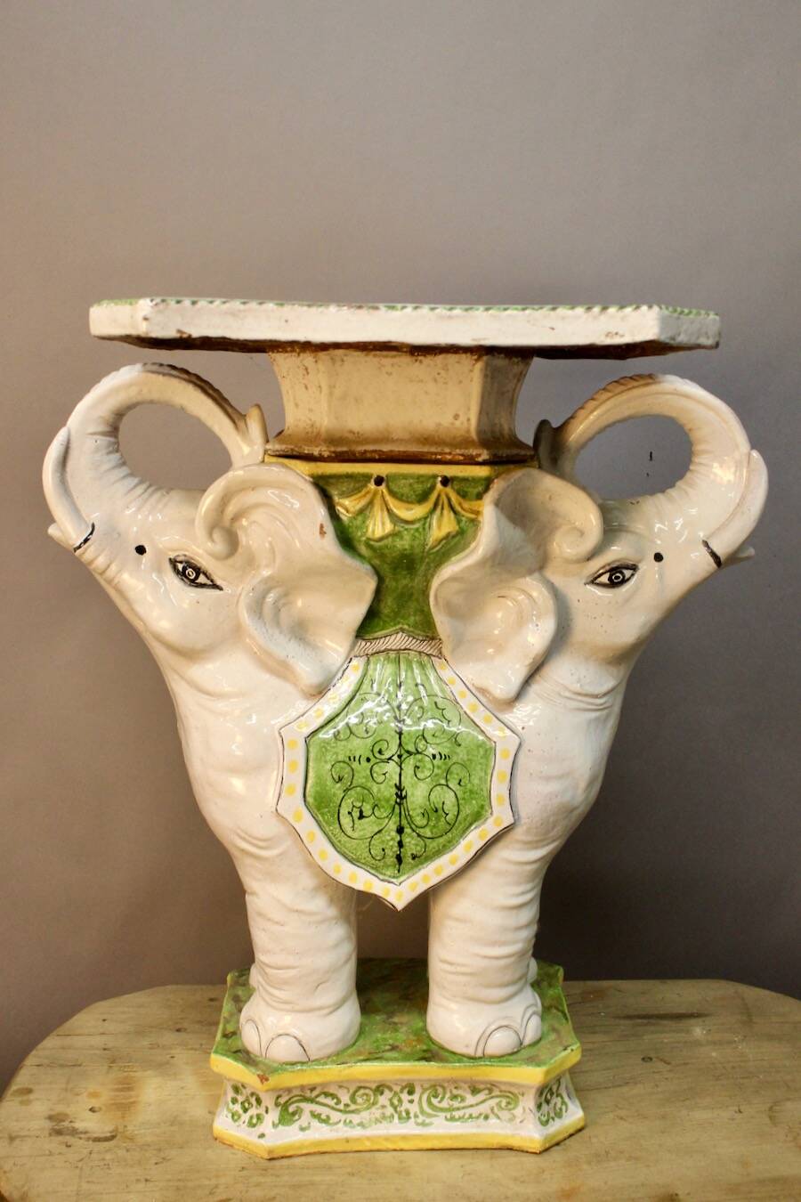 "Elephants" design chess table, enamelled, hand-painted.