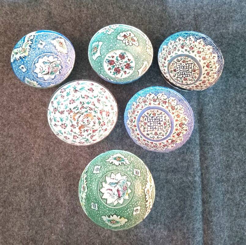 Set of 6 antique enameled copper bowls with Persian decoration