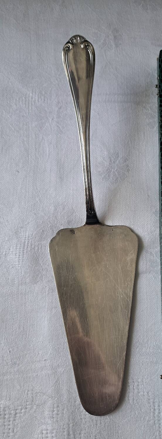 Silver metal cake peeler.