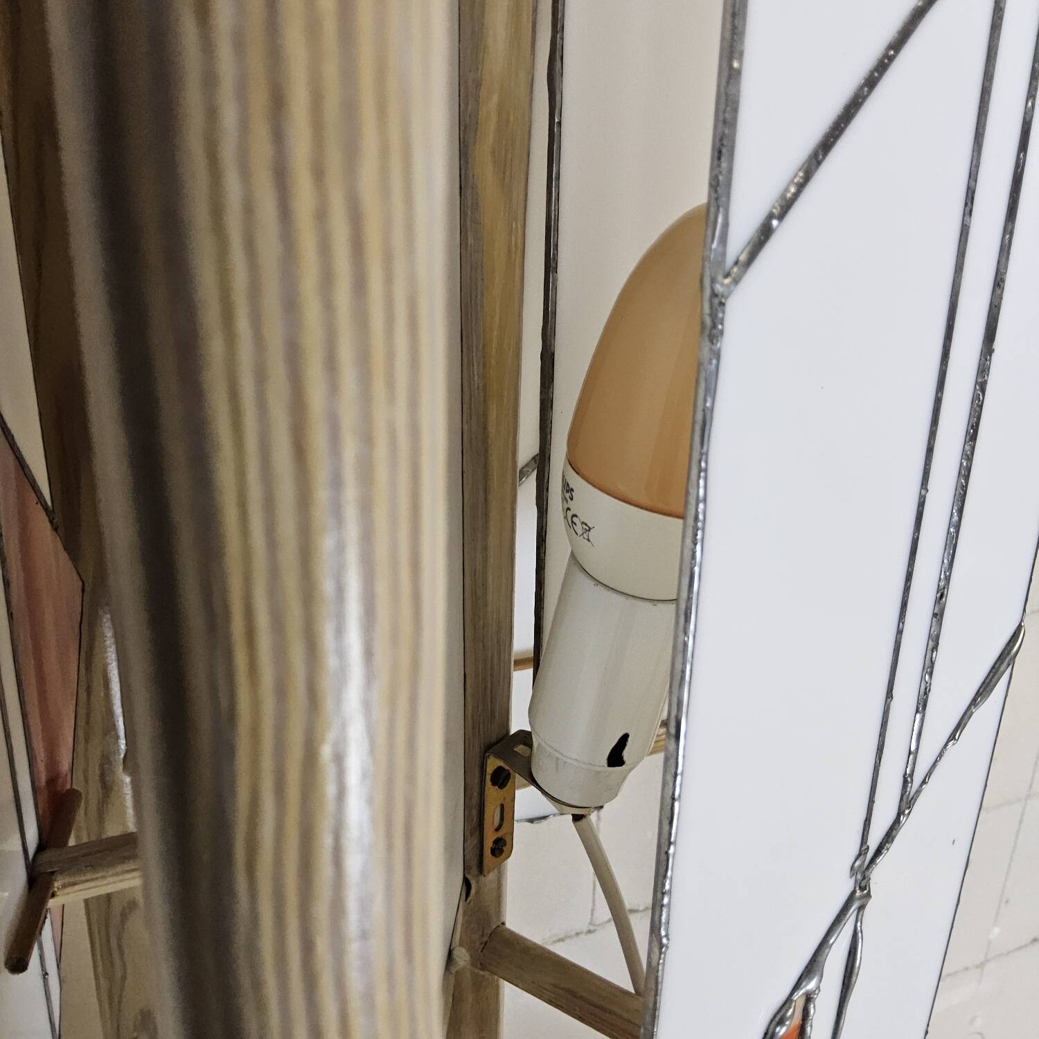 Pine wood floor lamp with handmade stained glass in Japandi style.