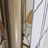 Pine wood floor lamp with handmade stained glass in Japandi style.