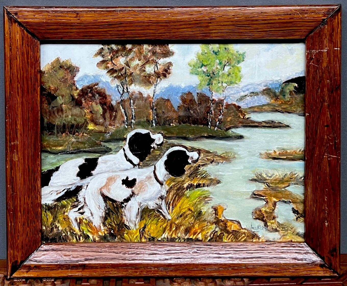 "Dogs on the hunt". Signature. Oil on panel.