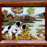 "Dogs on the hunt". Signature. Oil on panel.