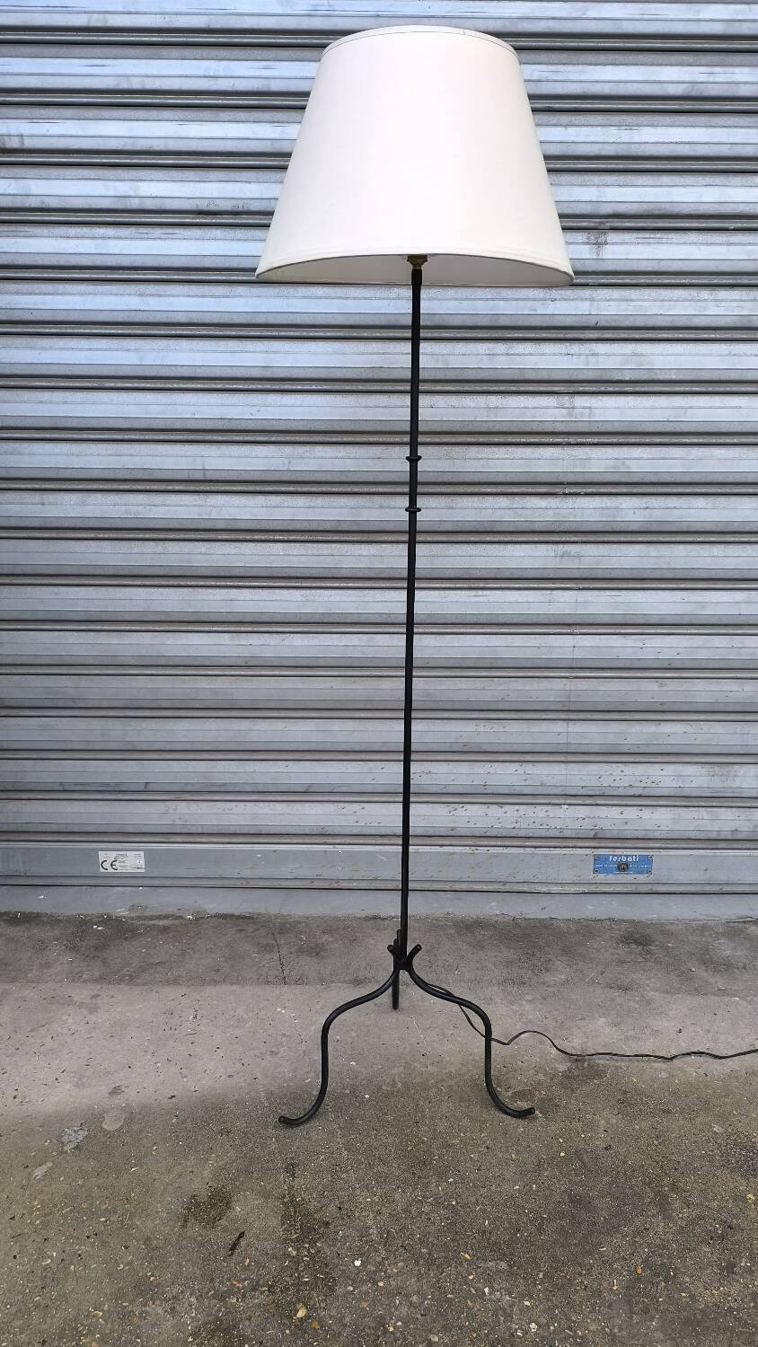 1950s wrought iron tripod floor lamp
