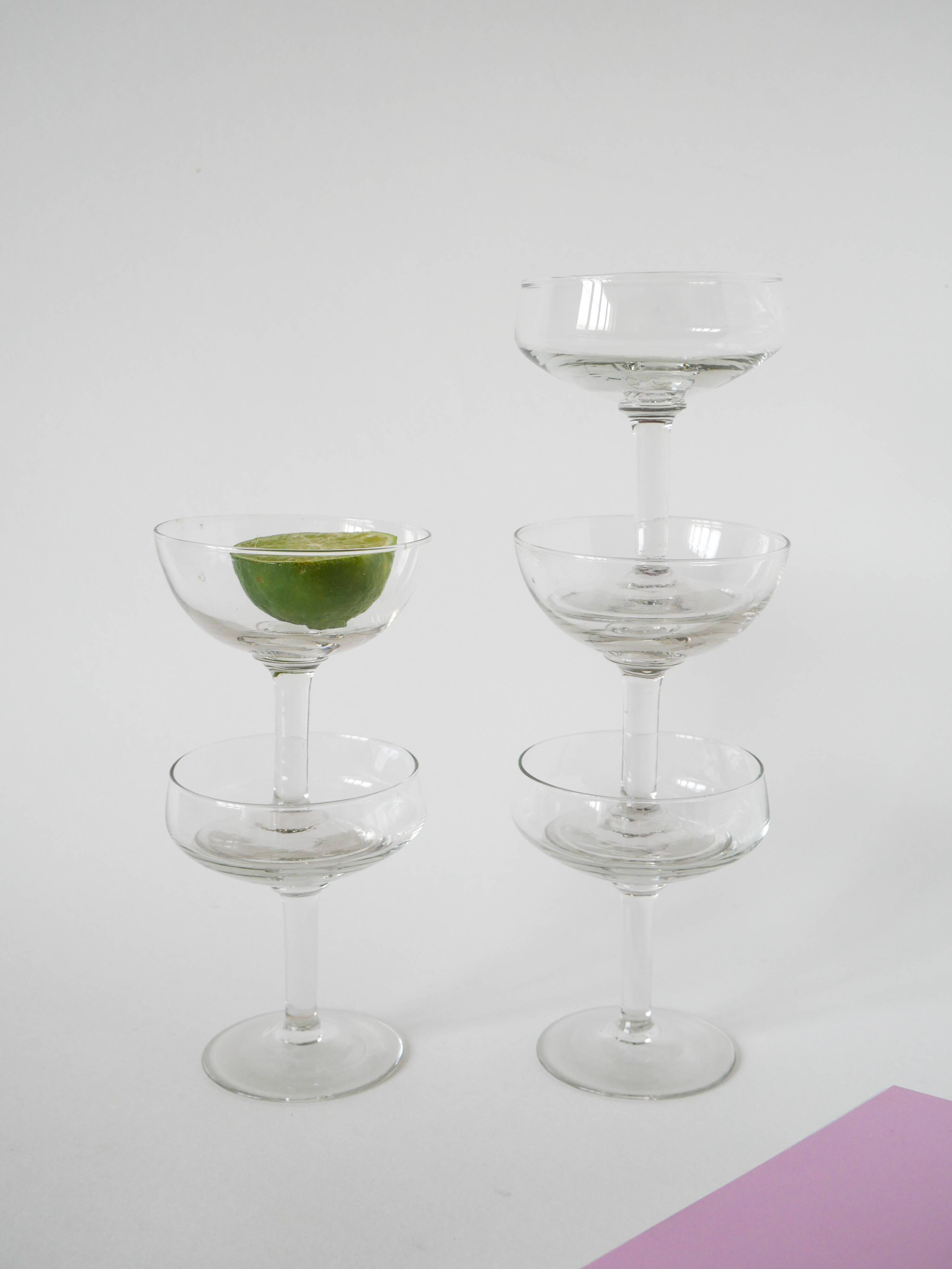 Magnificent set of 5 blown glass champagne glasses, early 20th century